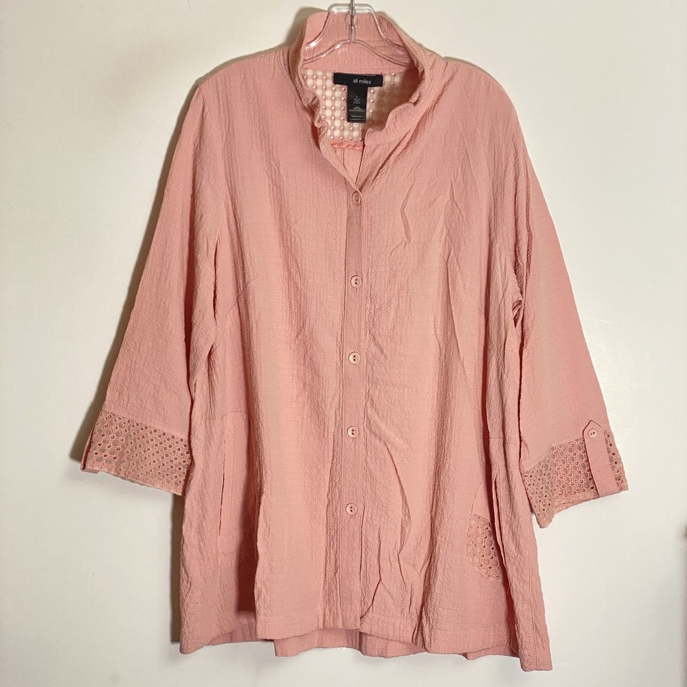 Ali Miles Top Womens Large Pink Textured Lace Lagenlook Wearable Art Coastal L